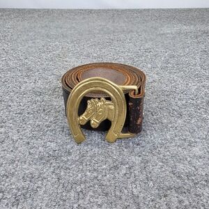 Vintage Western Belt Buckle Horses Lucky Horseshoe Brass Leather Belt 42"